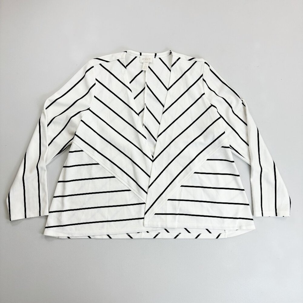 CHICO'S Black & White Striped Cardigan SZ 1 Open Stretch Knit Weekend Beach